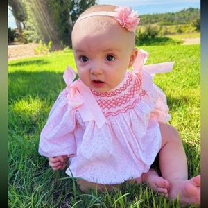 Bow Me Away Smocked Bubble, Pink for babies 9 M